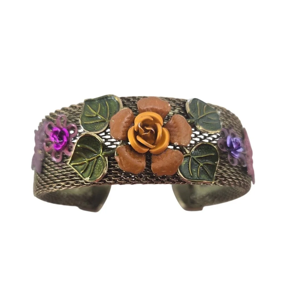 Cuff Bracelet Womens 6.75 Victorian Mesh Floral Enamel Bronze Tone EUC